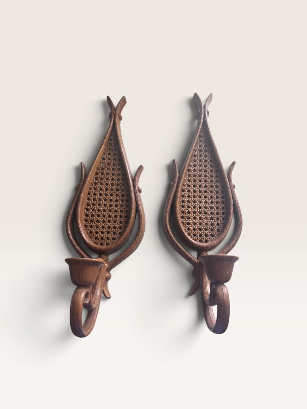 Pair Of Vintage Homco Faux Rattan Wicker Wall
Candle Sconces
Teardrop Shape 1981